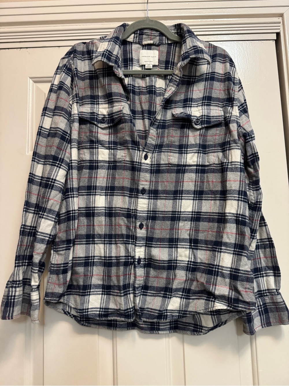 American Eagle Plaid Button-Up Shirt - Navy, Gray & White